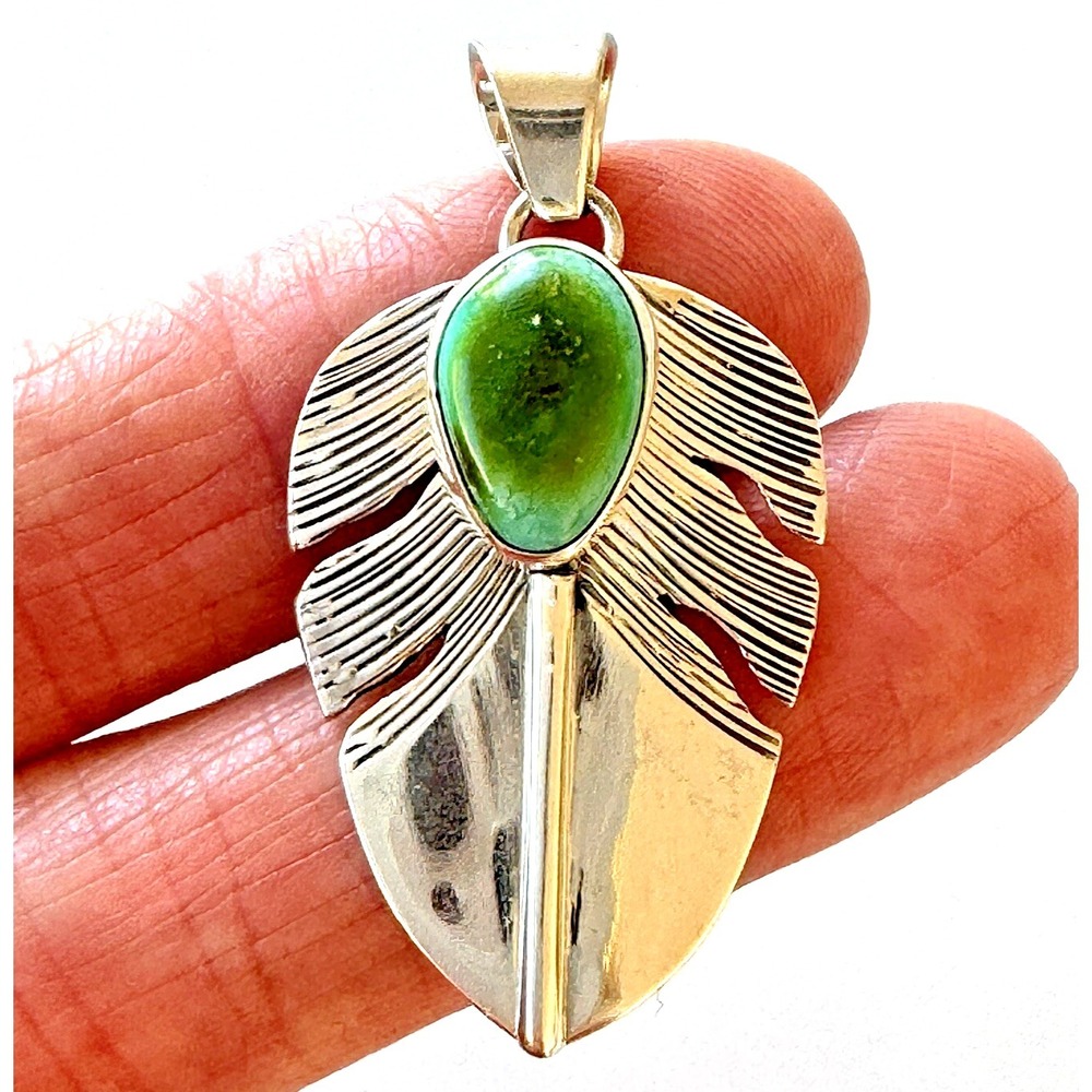 Navajo Feather Sonoran Gold Turquoise Pendant Sterling Signed D Wylie 1.5"